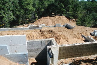 Photo of a block foundation being built